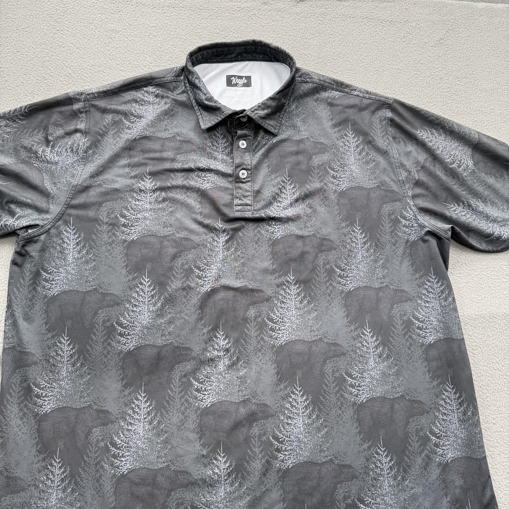 Waggle Polo Shirt Mens 3XL Gray Bear Forest Print Golf Performance Stretch - Picture 8 of 8